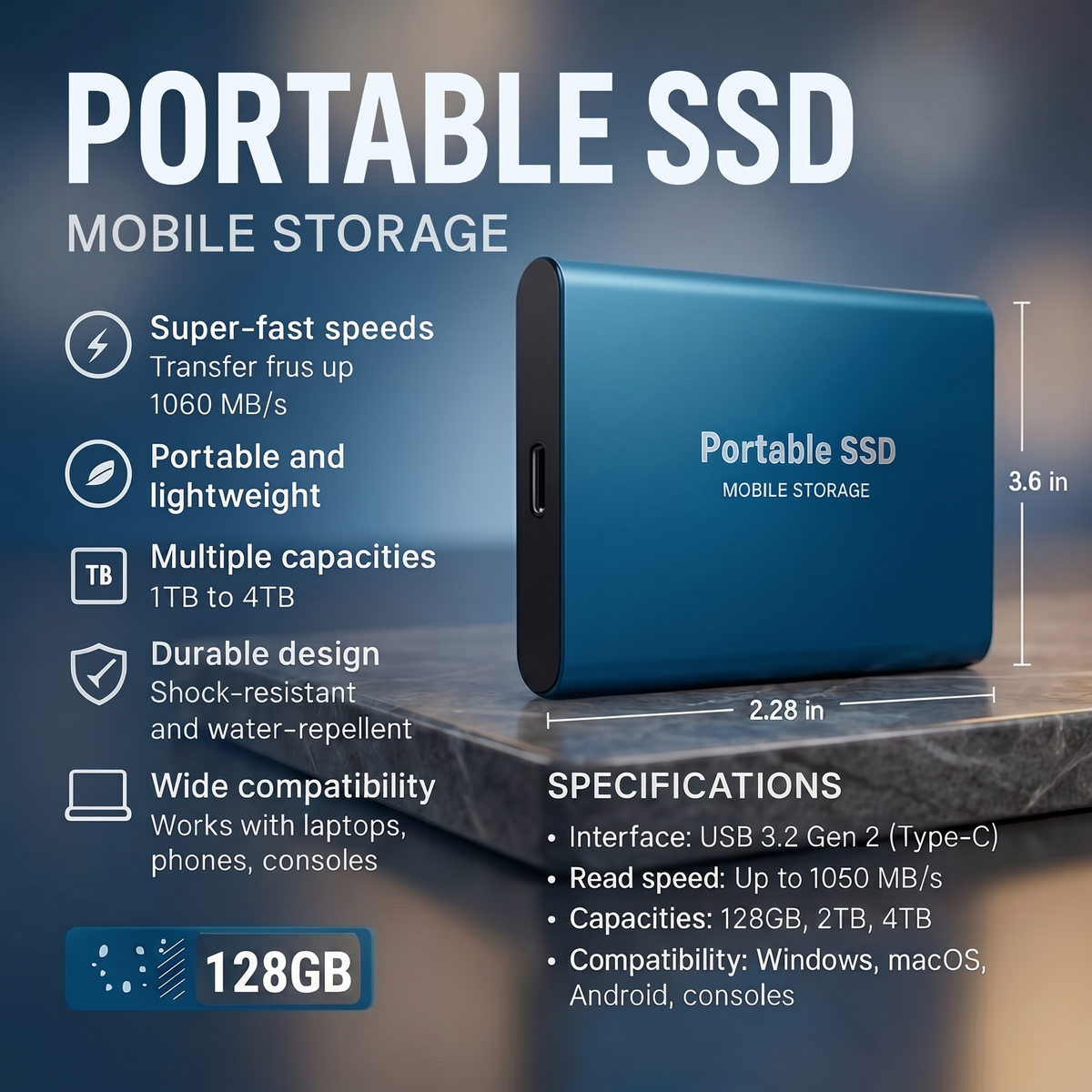Externe SSD-schijf met overdrachtssnelheid van 1050 MB/s | Draagbare opslag 128 GB voor snelle datatoegang
