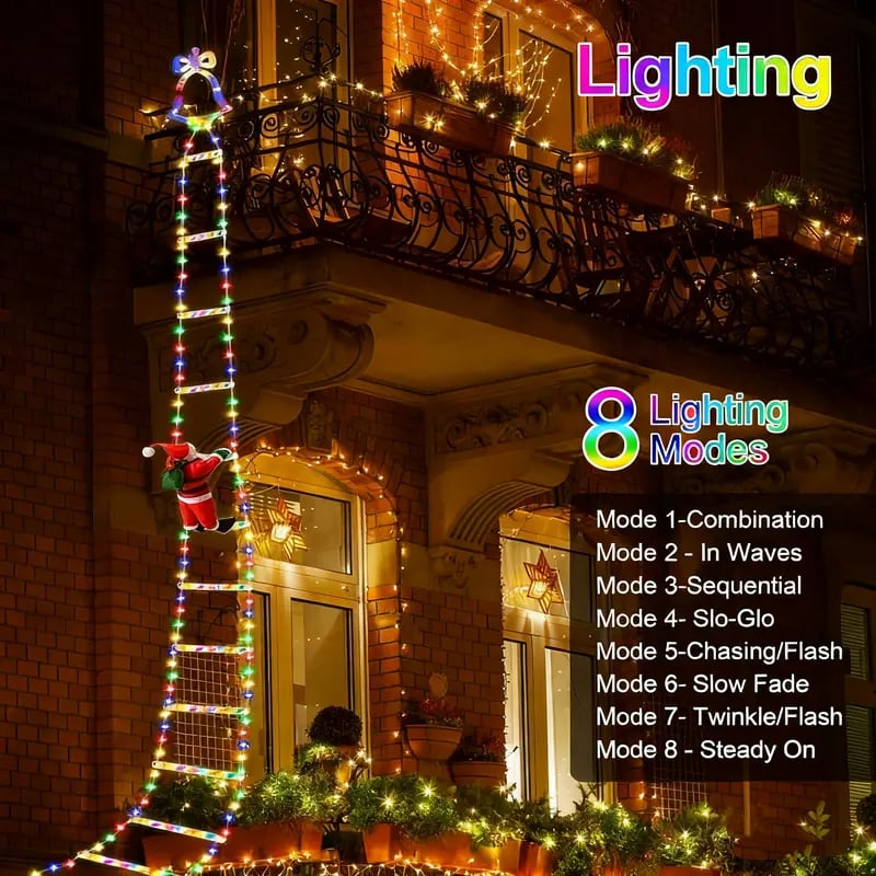 Geanimeerde kerstverlichting op ladder met klimmende Kerstman en afstandsbediening