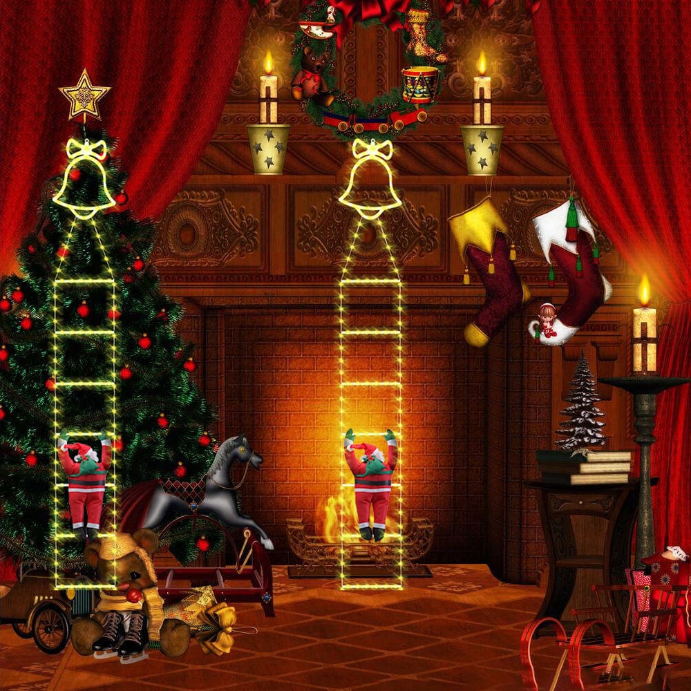 Geanimeerde kerstverlichting op ladder met klimmende Kerstman en afstandsbediening
