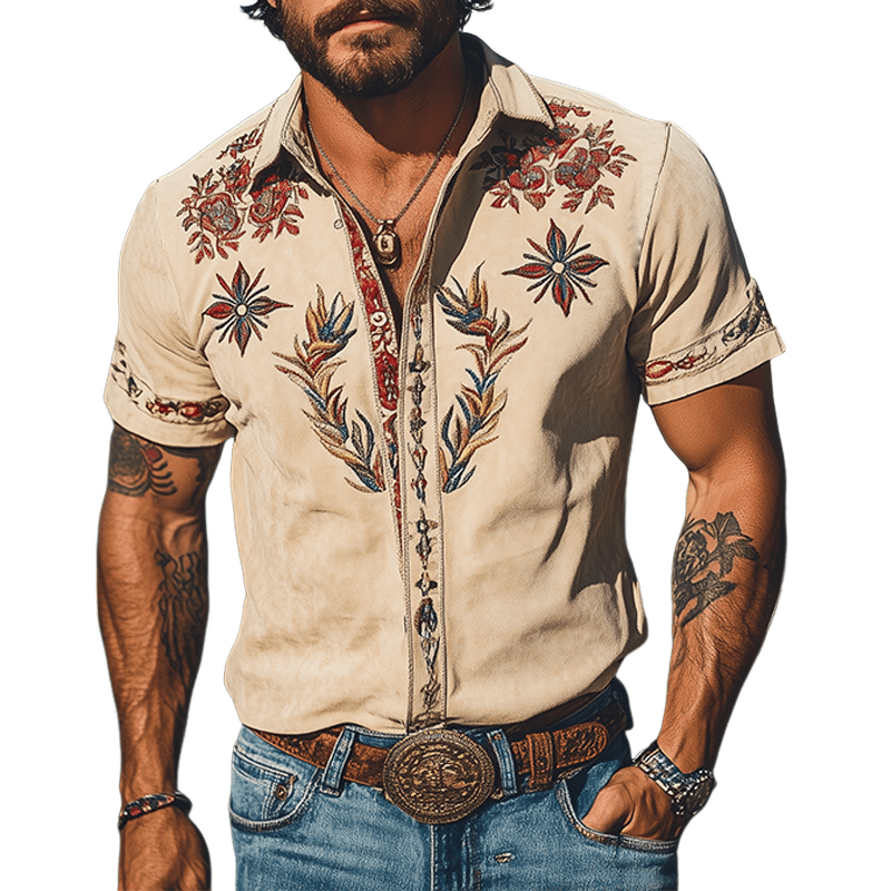 Geborduurd western overhemd met korte mouwen in retrostijl