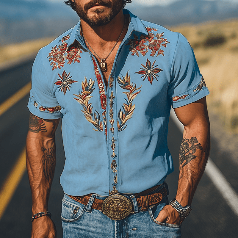 Geborduurd western overhemd met korte mouwen in retrostijl
