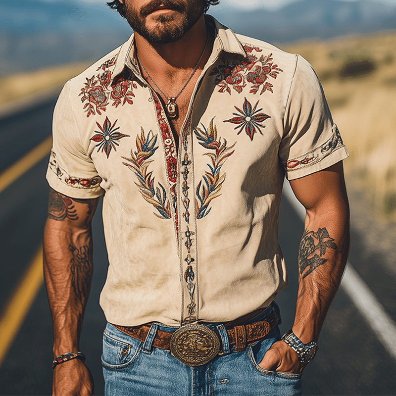 Geborduurd western overhemd met korte mouwen in retrostijl