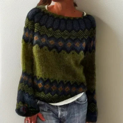 Gebreide dames trui met ronde hals en Fair Isle-motief