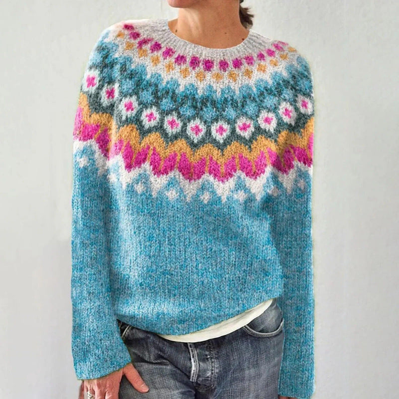 Gebreide dames trui met ronde hals en Fair Isle-motief