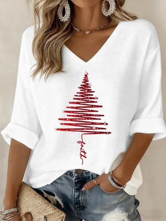 Gebreide kerstblouse met print en V-hals
