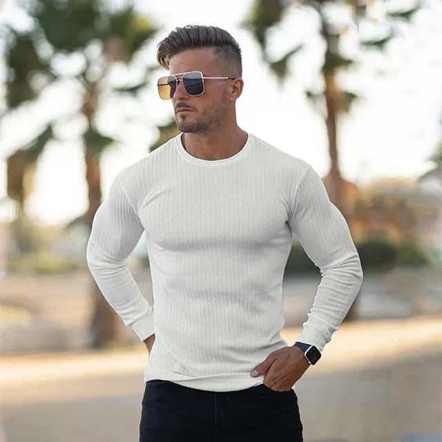 Gebreide ribtrui voor heren met slim-fit pasvorm en ronde hals