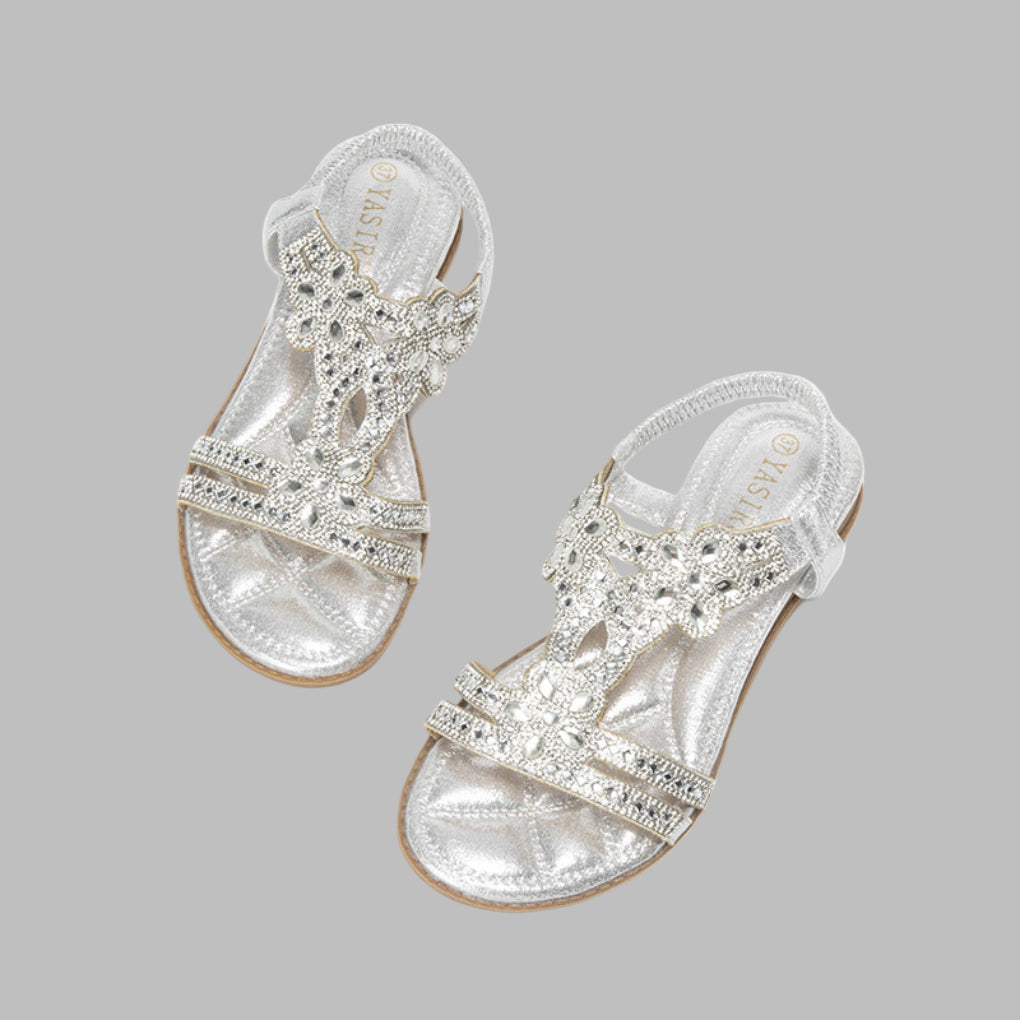 Gedecoreerde platte T-band sandalen voor dames