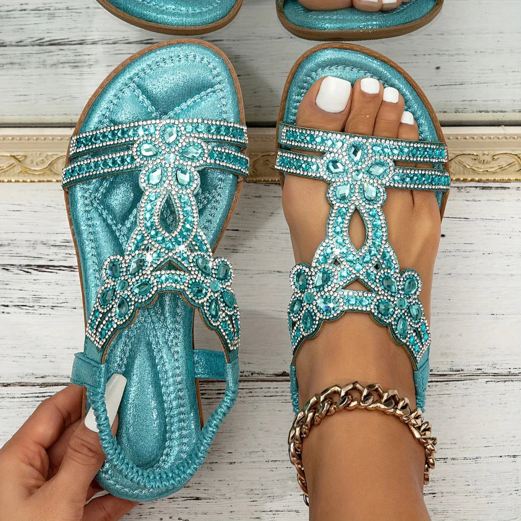 Gedecoreerde platte T-band sandalen voor dames
