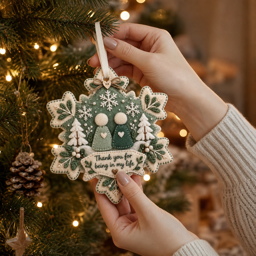 Gelaagd vilten 'Thank You'-ornament als aandenken