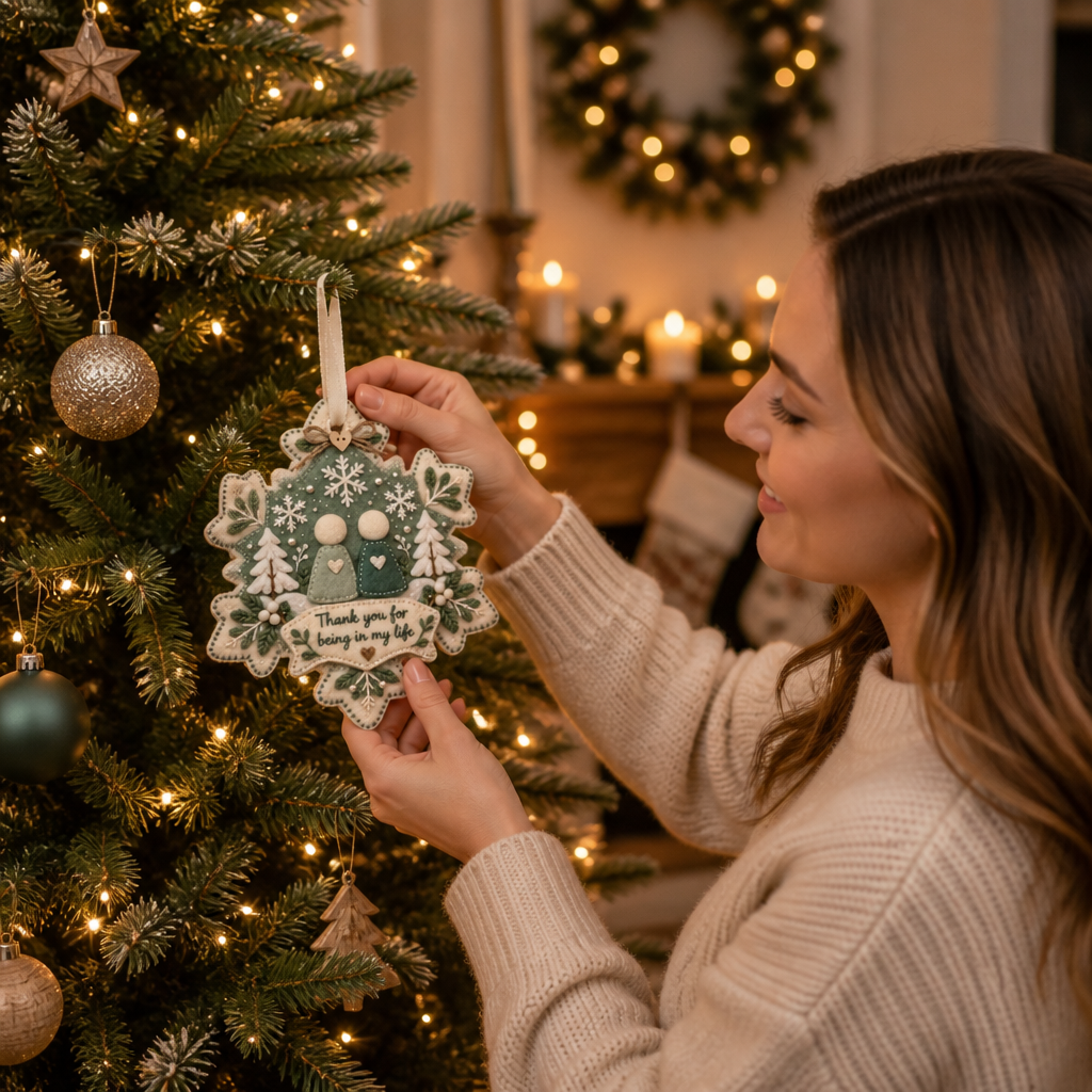 Gelaagd vilten 'Thank You'-ornament als aandenken