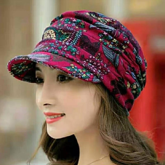 Geplooide pet met bloemenprint en korte klep voor dames - Warm en stijlvol