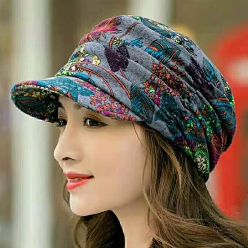 Geplooide pet met bloemenprint en korte klep voor dames - Warm en stijlvol