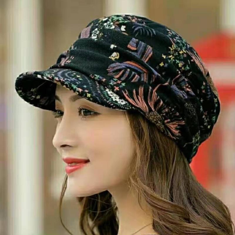 Geplooide pet met bloemenprint en korte klep voor dames - Warm en stijlvol