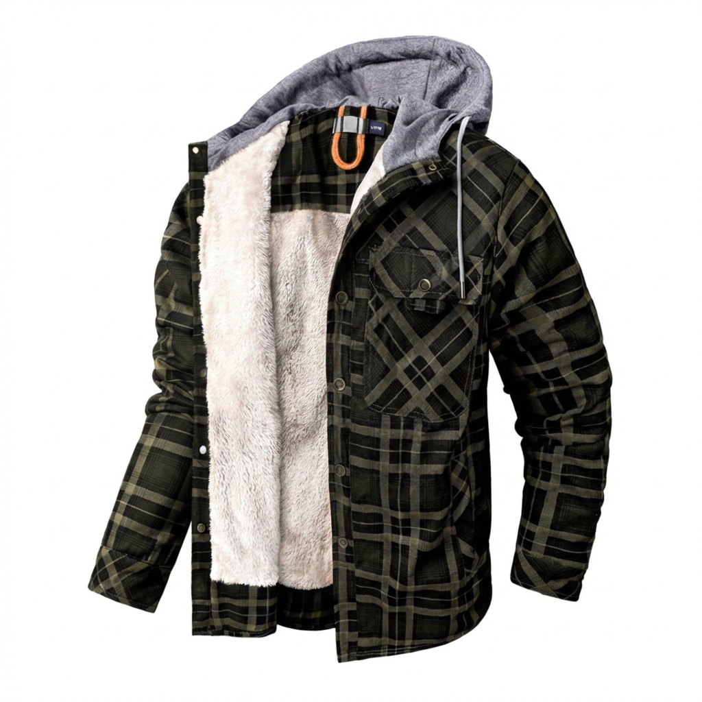 Geruit herenjack met capuchon en sherpavoering