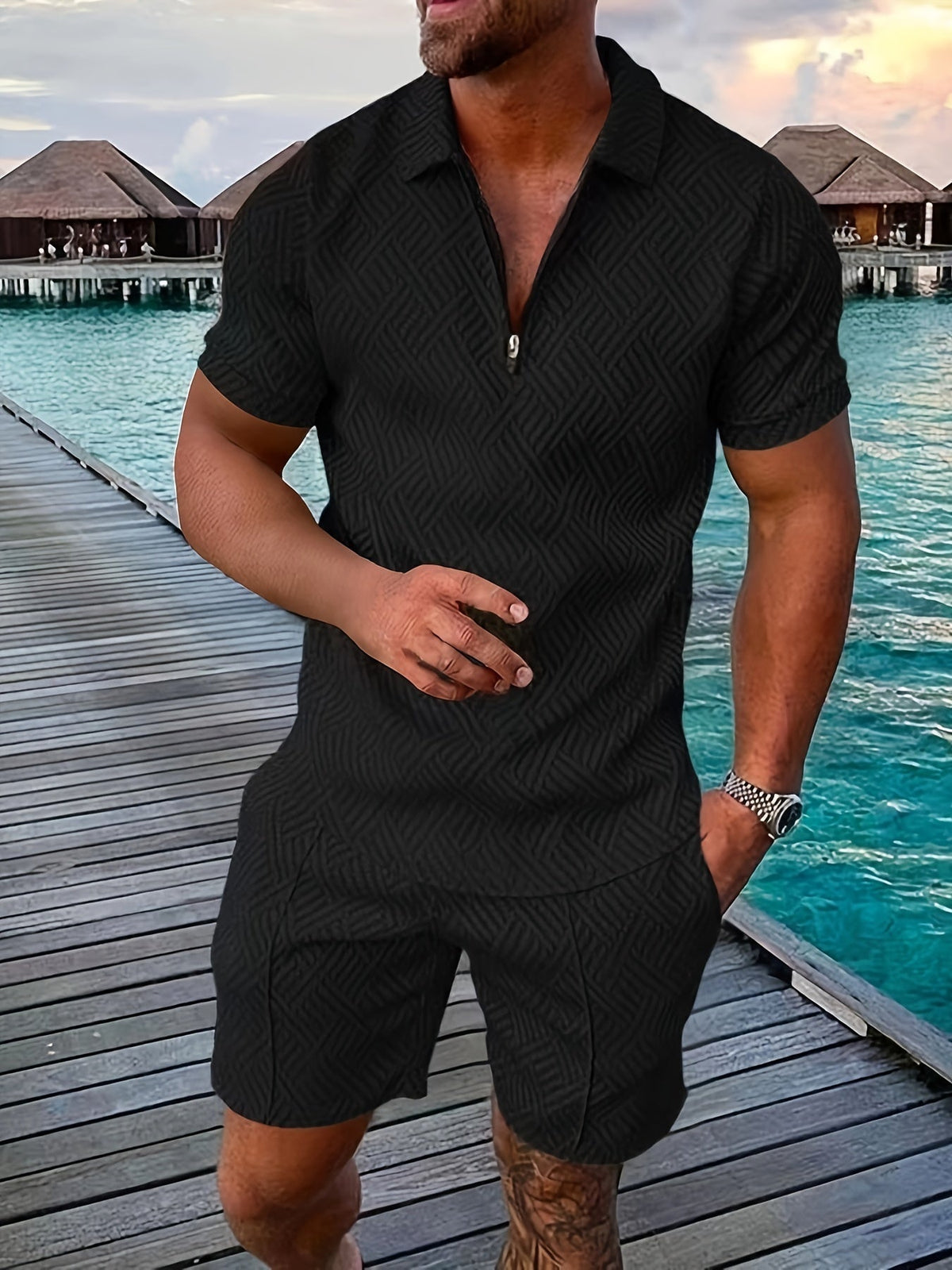 Gestructureerde herenset van poloshirt met korte rits en shorts