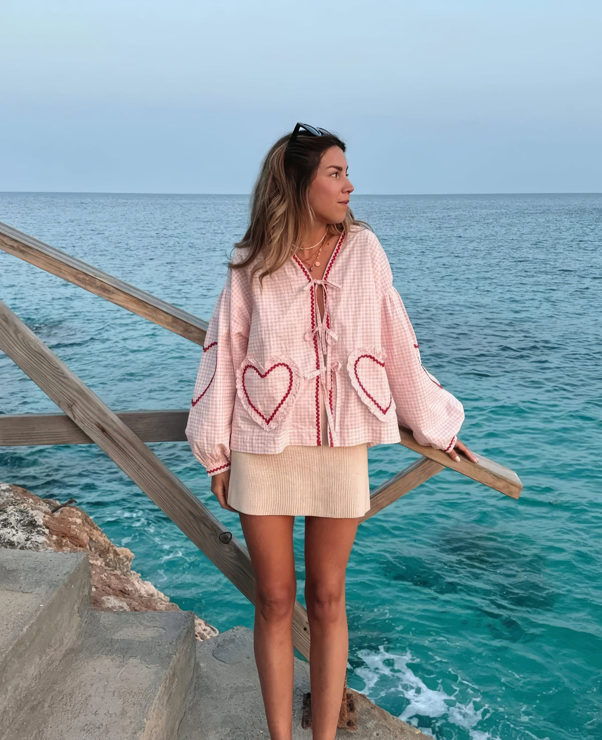 Gingham geruite damesblouse met open voorkant