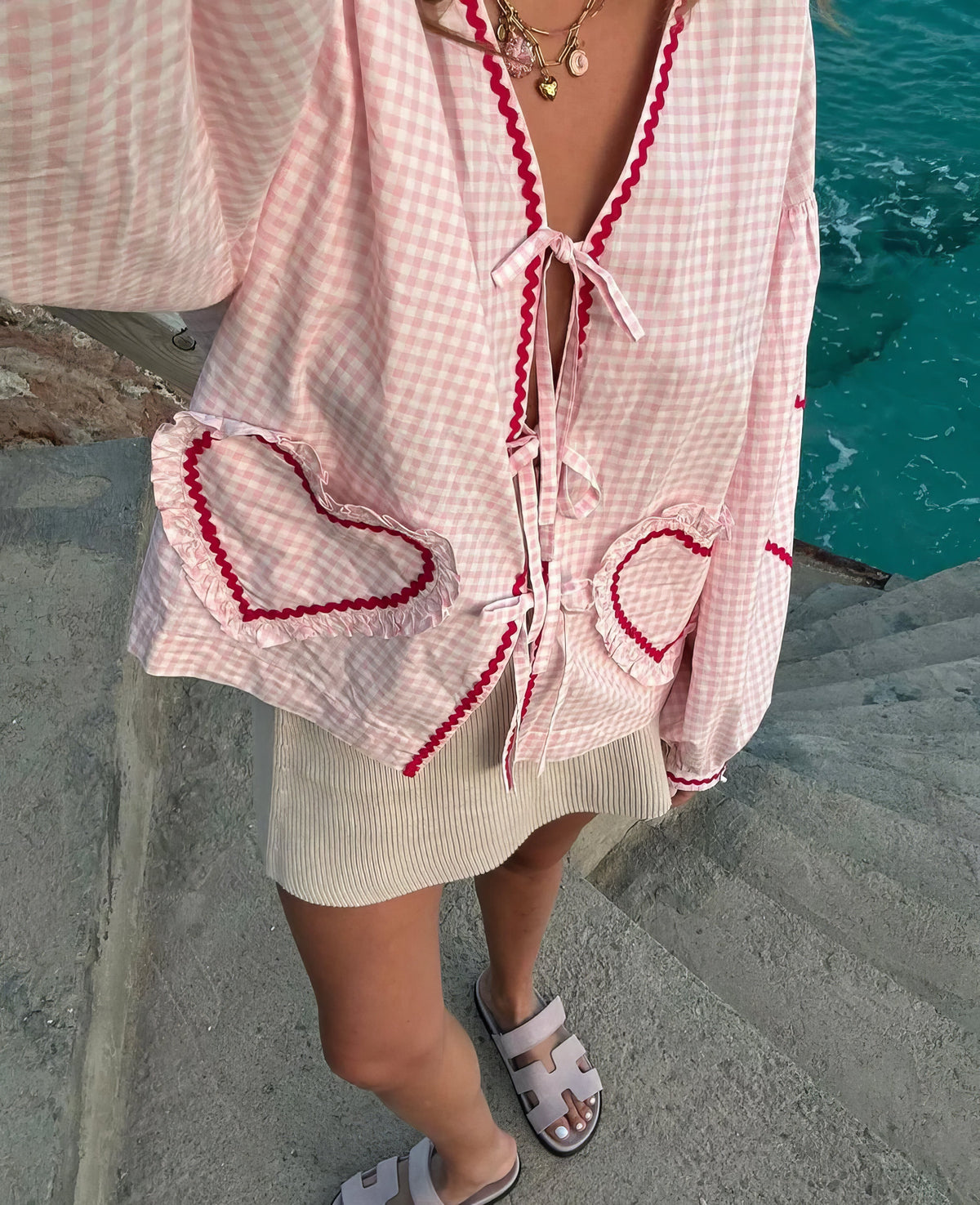 Gingham geruite damesblouse met open voorkant