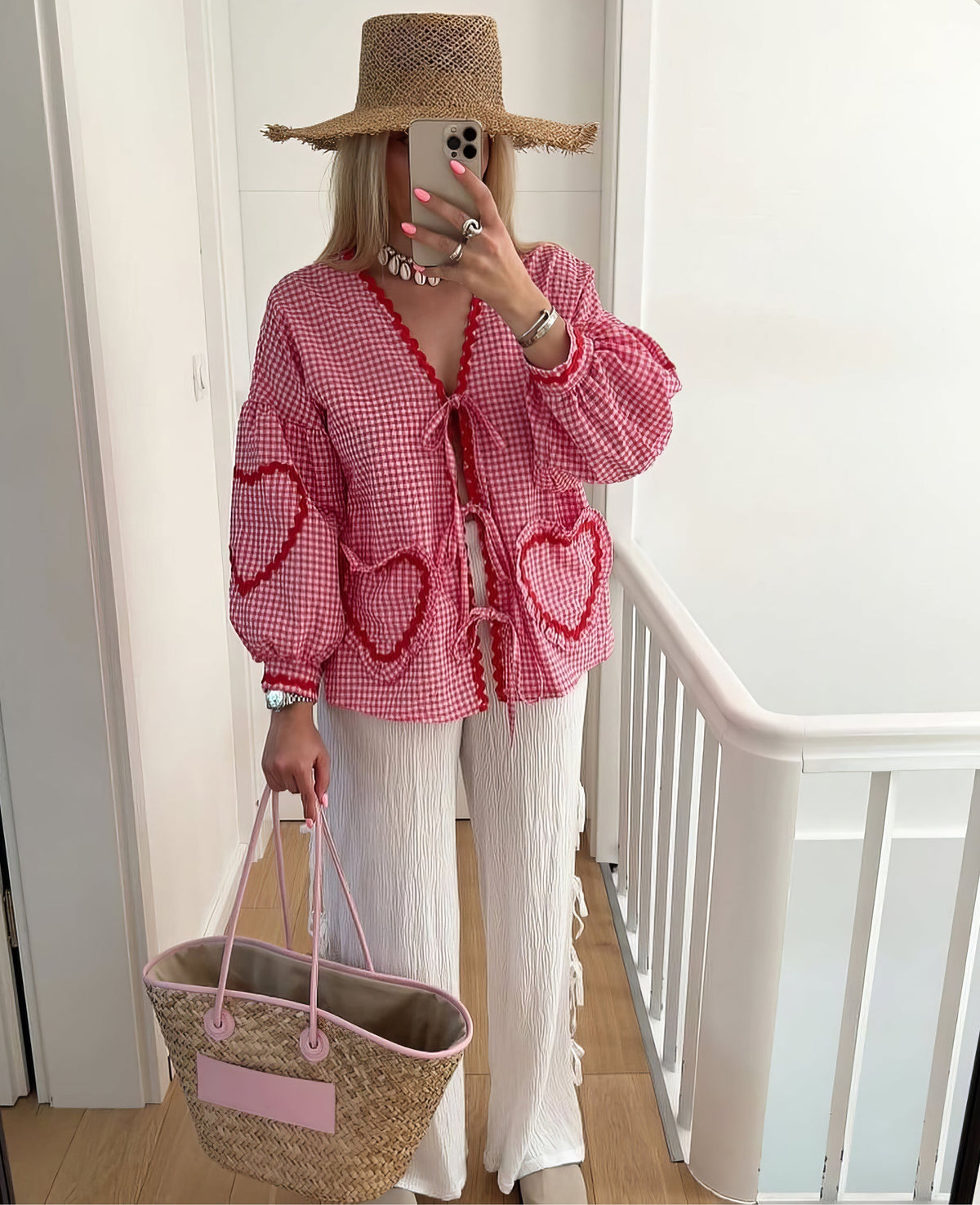 Gingham geruite damesblouse met open voorkant