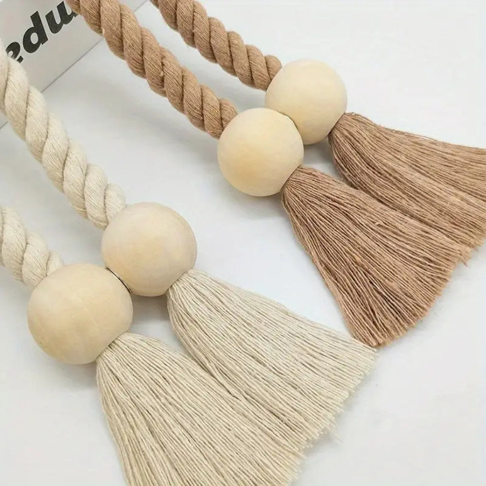 Gordijnophouders met houten kralen en kwastjes - Set van 2