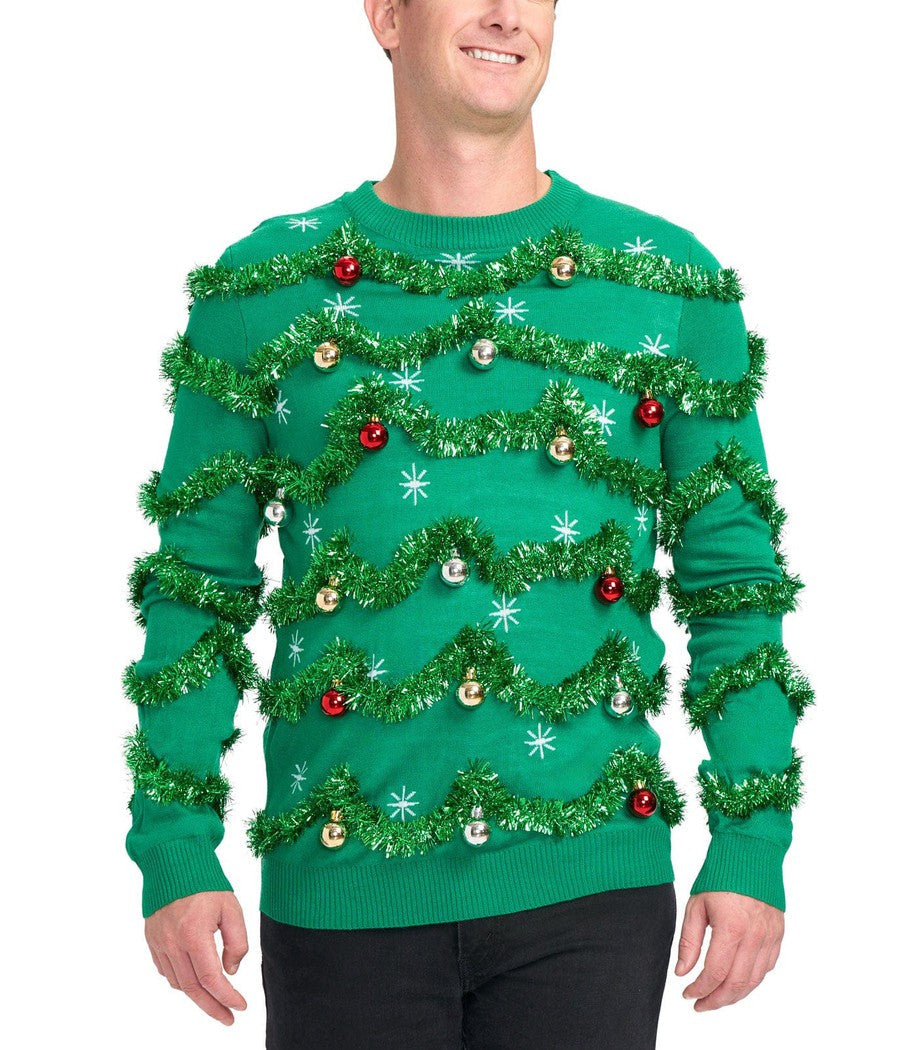 Groene kerstboomtrui voor heren met slingers en glanzende kerstballen voor feestdagen