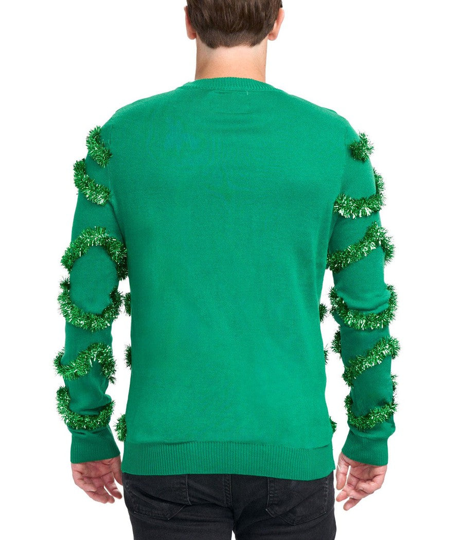 Groene kerstboomtrui voor heren met slingers en glanzende kerstballen voor feestdagen