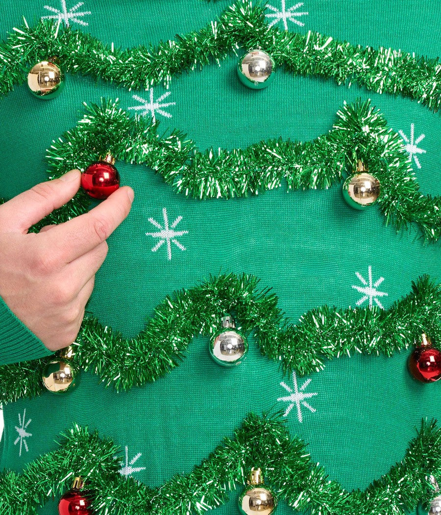 Groene kerstboomtrui voor heren met slingers en glanzende kerstballen voor feestdagen