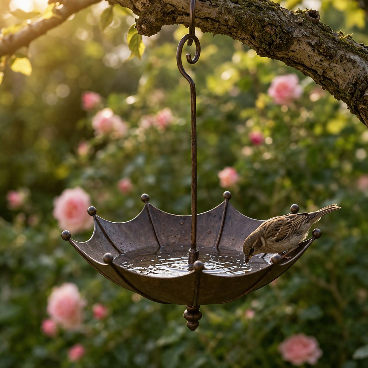 Hangende vogelvoeder- en badschaal in parapluvorm
