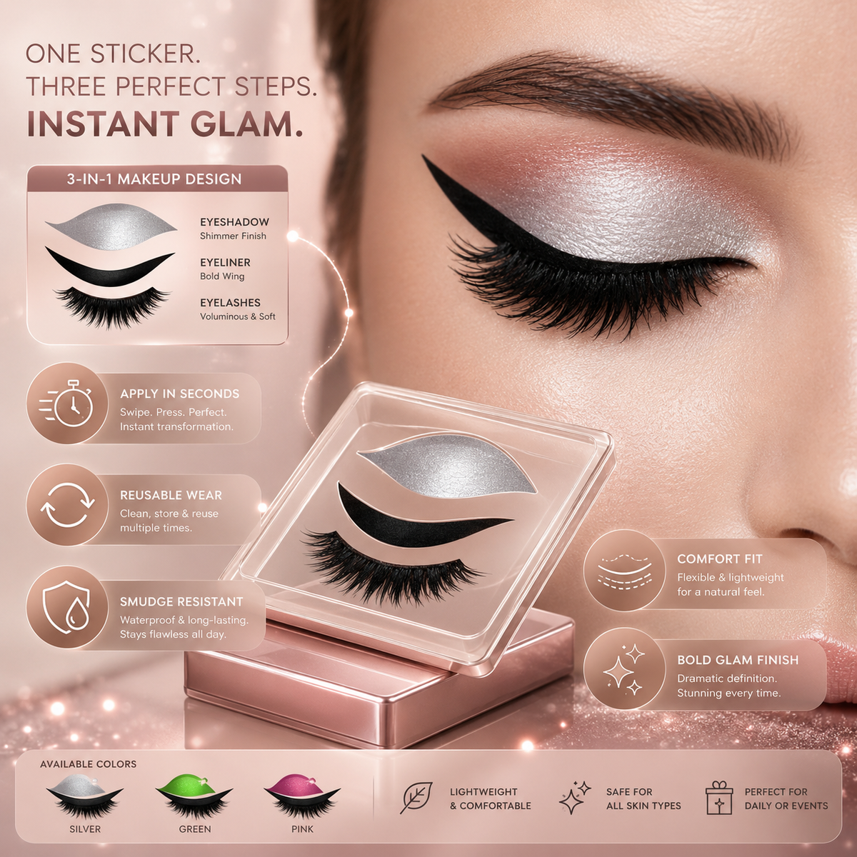 Herbruikbare 3-in-1 stickers met kunstwimpers, oogschaduw en eyeliner