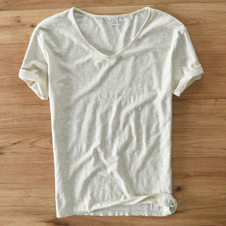Heren T-shirt van linnen en katoen met V-hals