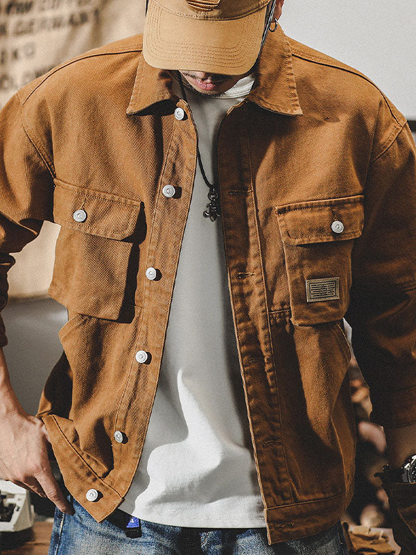 Herencargo-jack in American vintage-stijl, retro werkjack met duurzame pasvorm en klassiek ontwerp