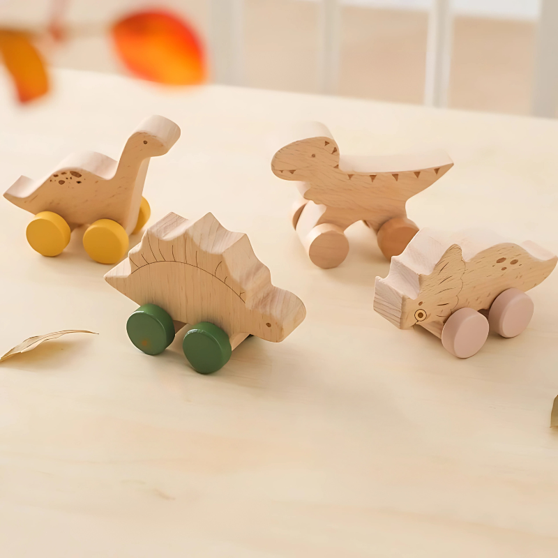 Houten Dinosaurus Rollende Auto Speelgoedset voor Kinderen