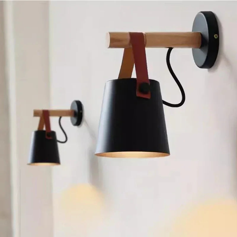 Houten en leren Scandinavische wandlamp | Hangende nachtkastlamp