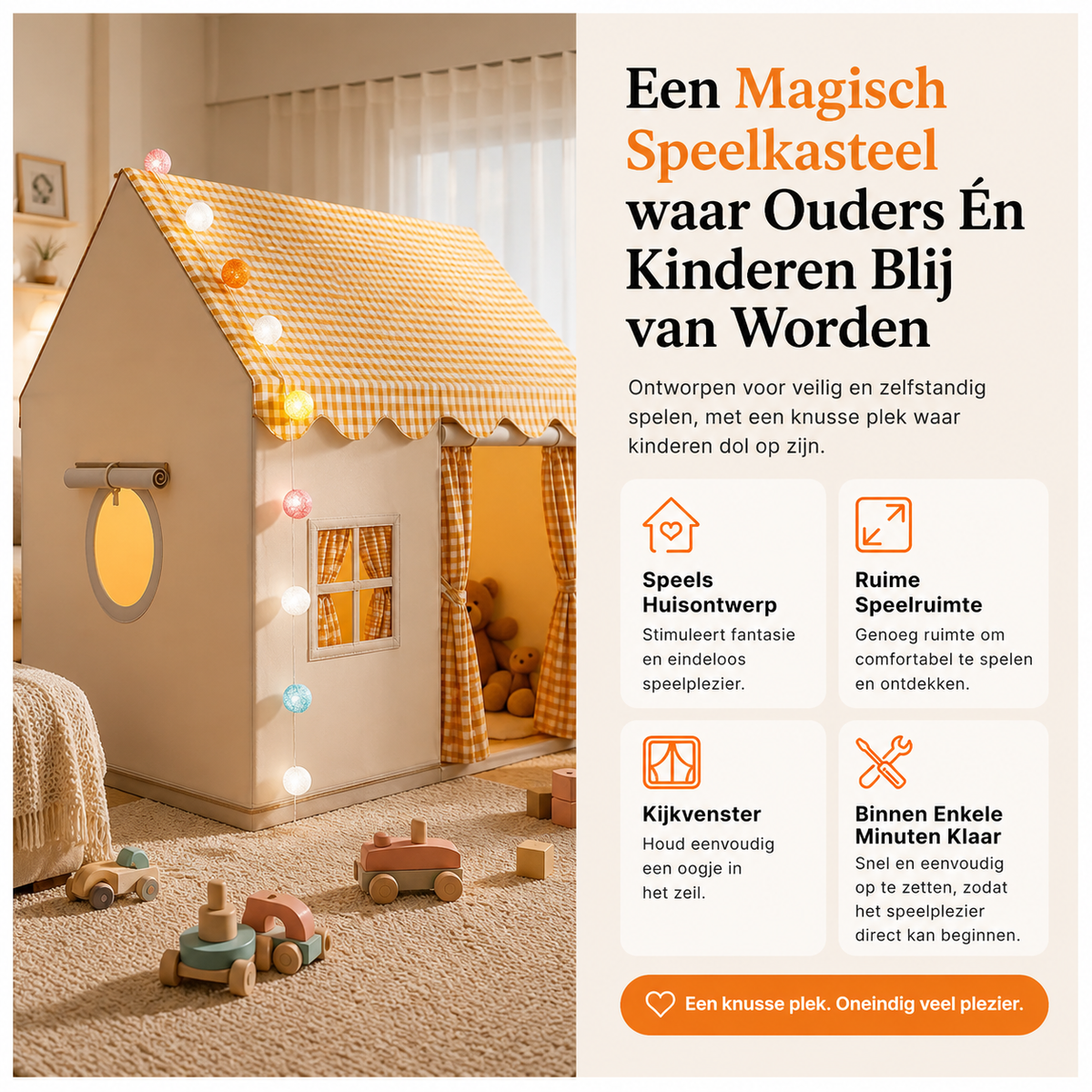 Kasteel speeltent – met lichtsnoer, 128 cm hoog, verkrijgbaar in 3 kleuren