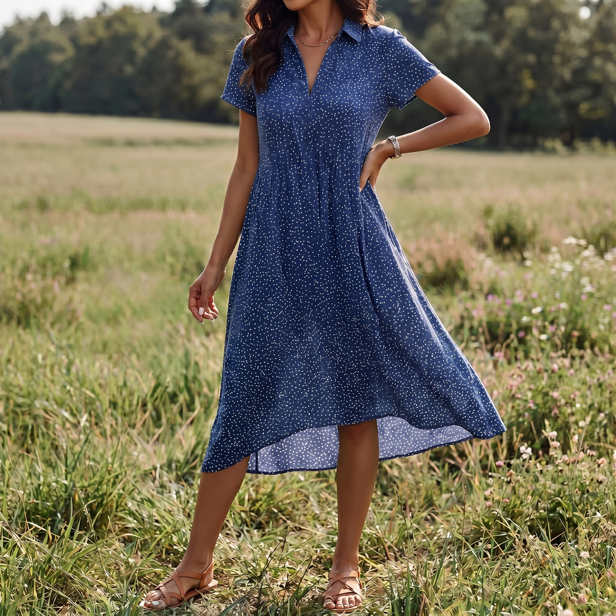Katoenen doorknoop-midijurk voor dames | Casual zomerkleding