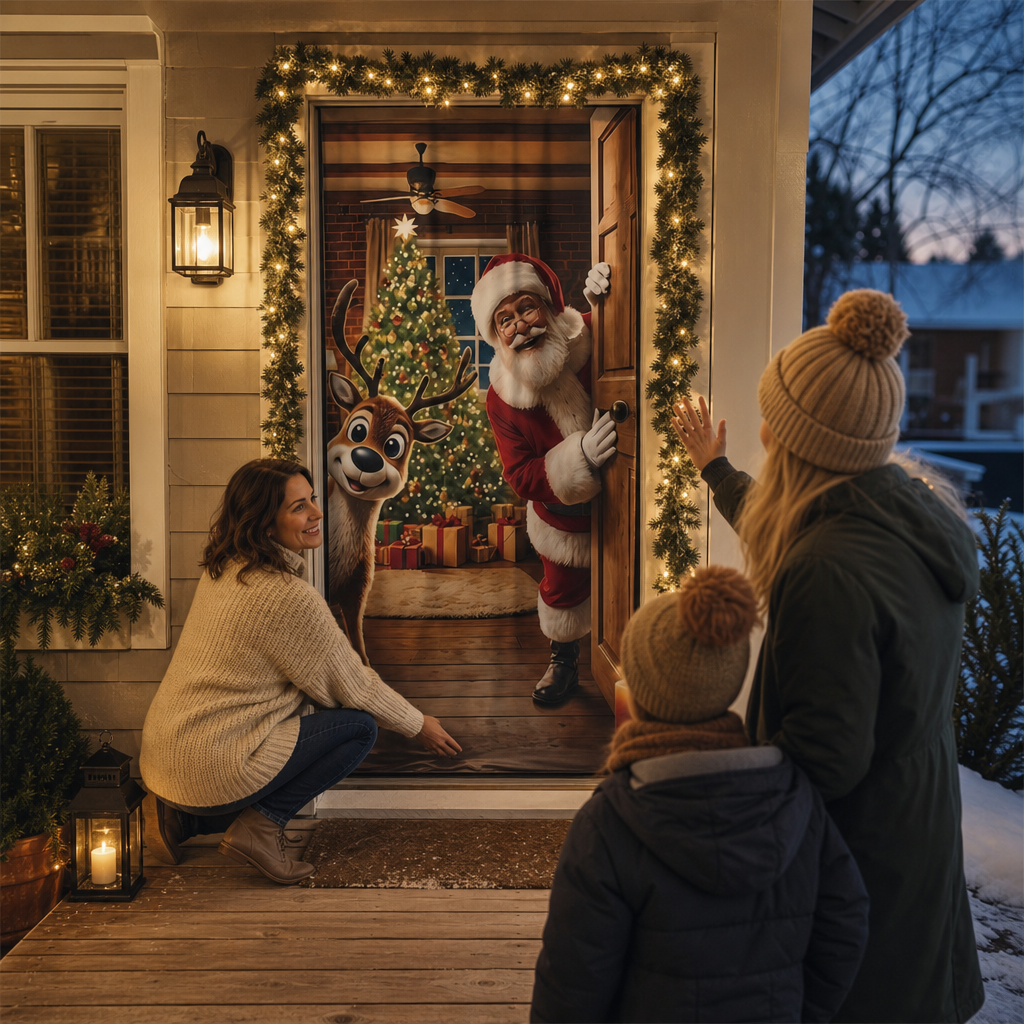 Kerstdeurbanner met kerstman en rendier