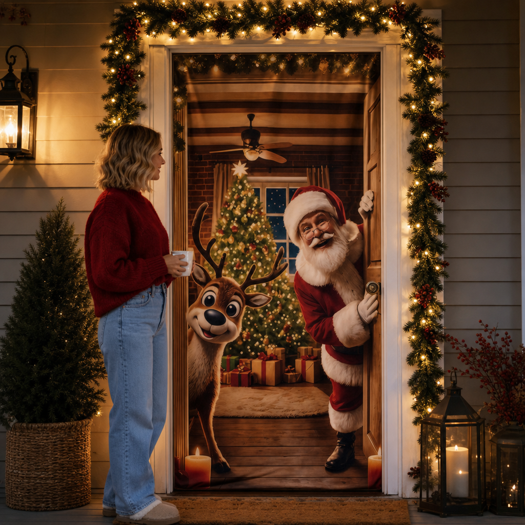 Kerstdeurbanner met kerstman en rendier