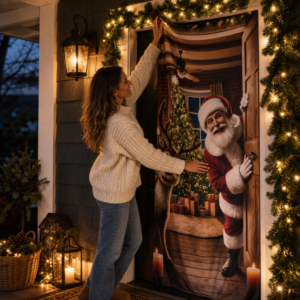 Kerstdeurbanner met kerstman en rendier