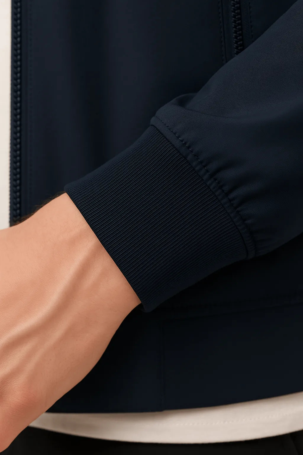 Klassiek donkerblauw bomberjack voor heren met ritssluiting – Lichte tussenjas van duurzaam polyester met zakken en ribboorden