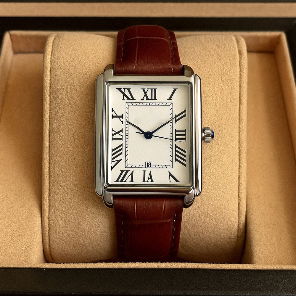 Klassiek vierkant analoog herenhorloge in retrostijl