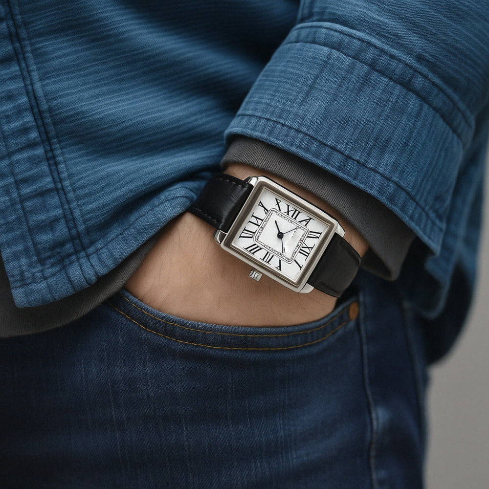 Klassiek vierkant analoog herenhorloge in retrostijl