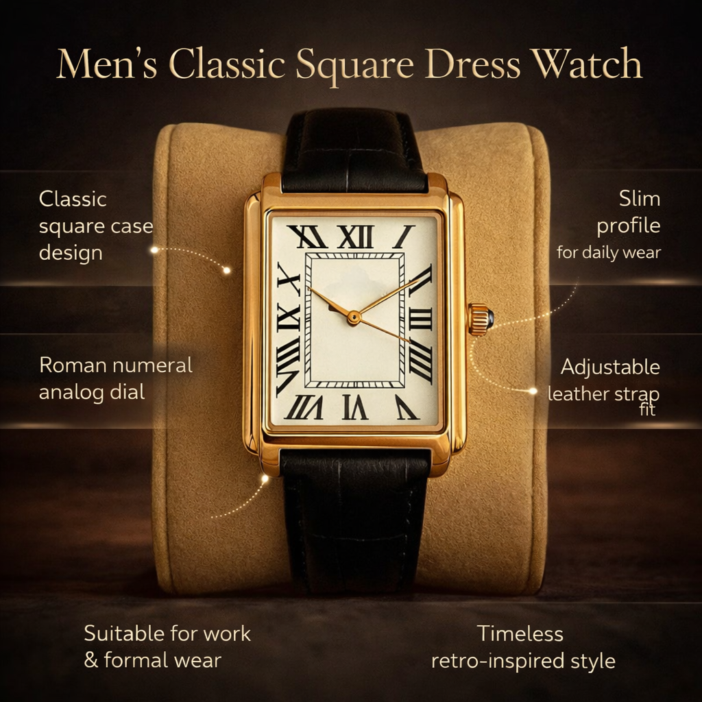 Klassiek vierkant analoog herenhorloge in retrostijl