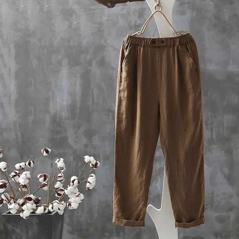 Klassieke linnen broek met elastische tailleband, comfortabel en veelzijdig