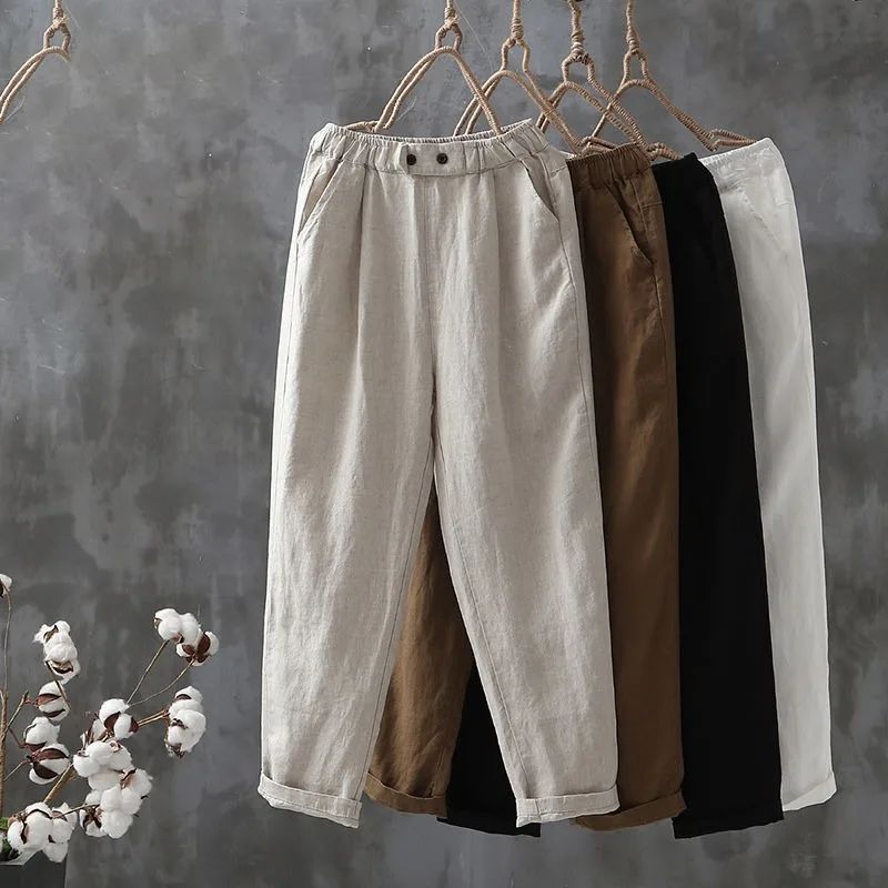 Klassieke linnen broek met elastische tailleband, comfortabel en veelzijdig