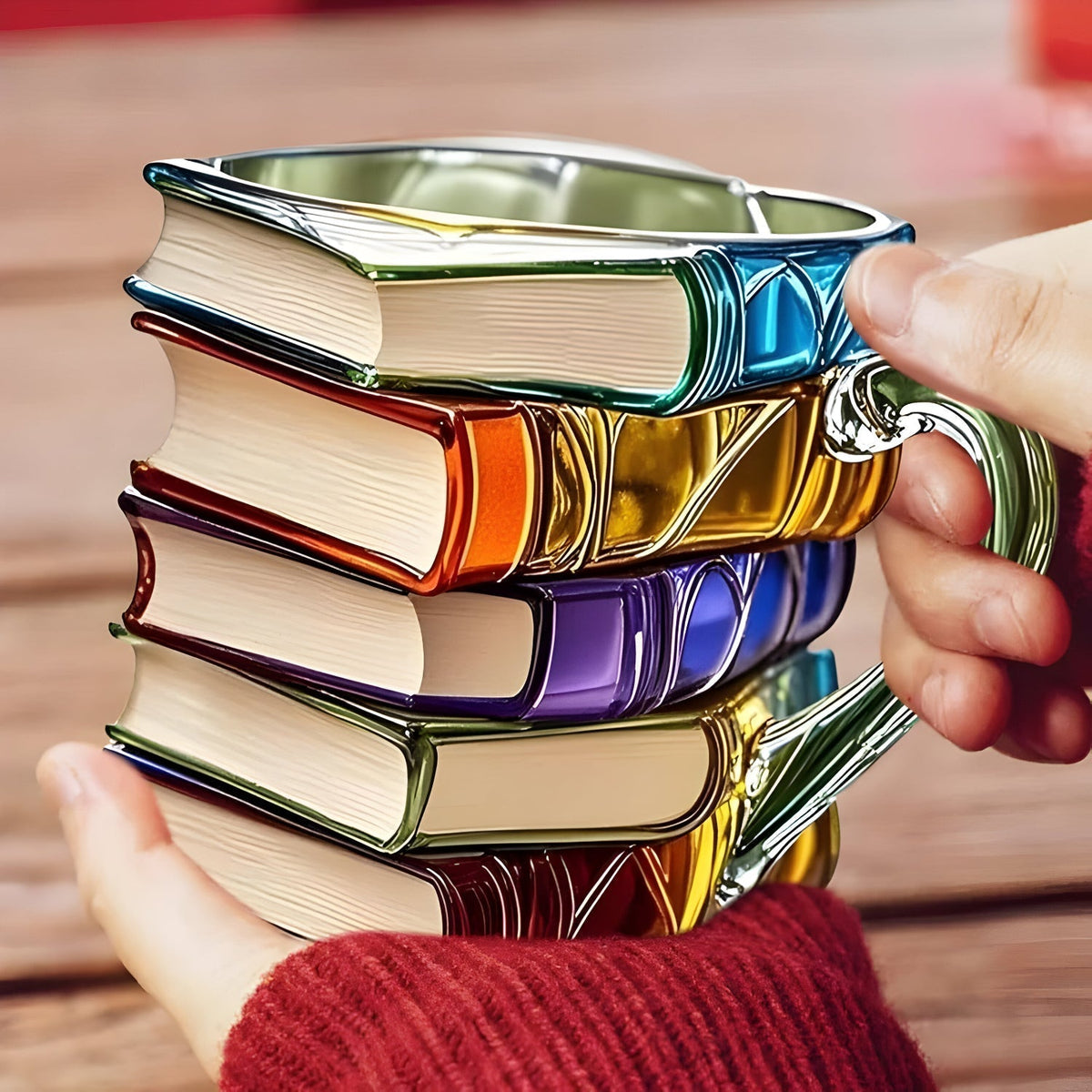 Kleurrijke 3D koffie- en theemok van hars – mok met gestapelde boeken motief en oor