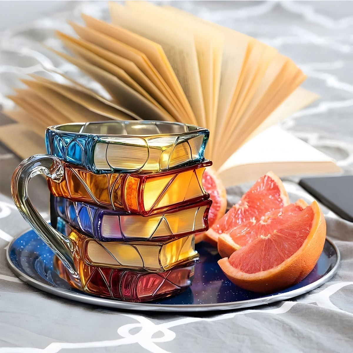 Kleurrijke 3D koffie- en theemok van hars – mok met gestapelde boeken motief en oor