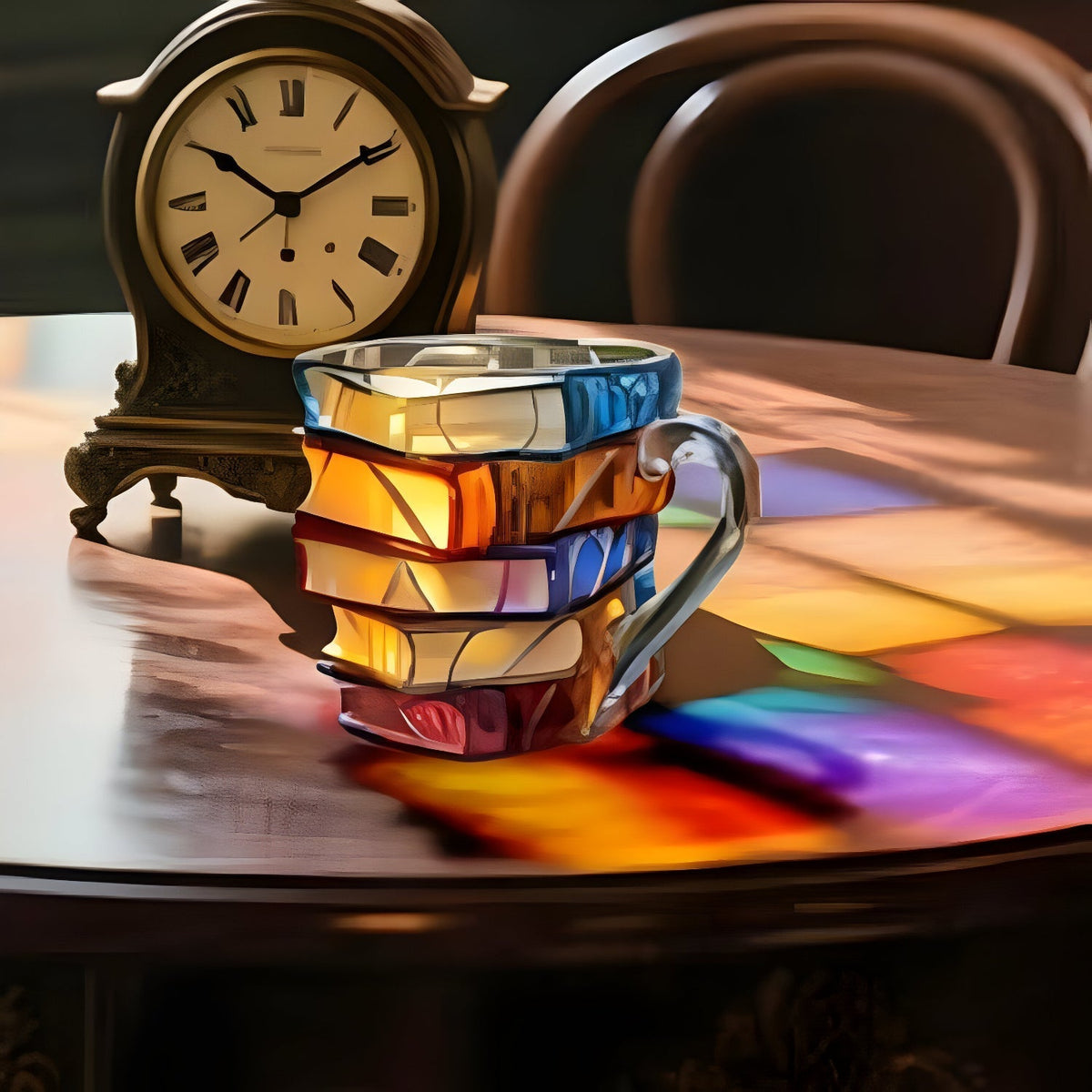 Kleurrijke 3D koffie- en theemok van hars – mok met gestapelde boeken motief en oor