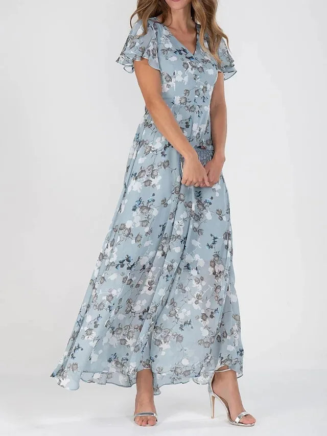 Lange damesjurk met bloemenprint en V-hals