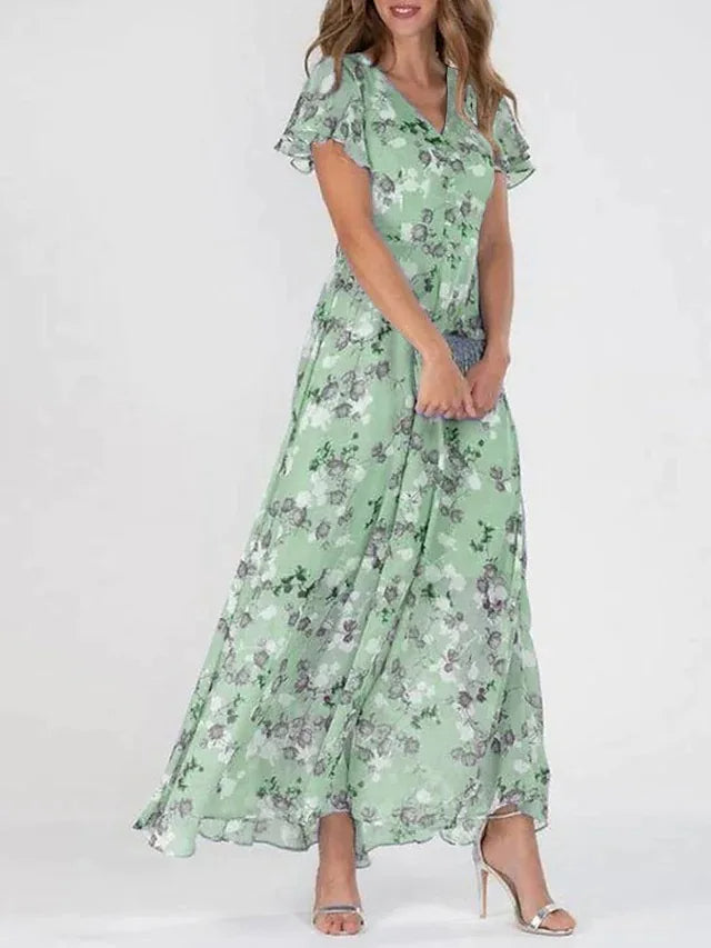 Lange damesjurk met bloemenprint en V-hals