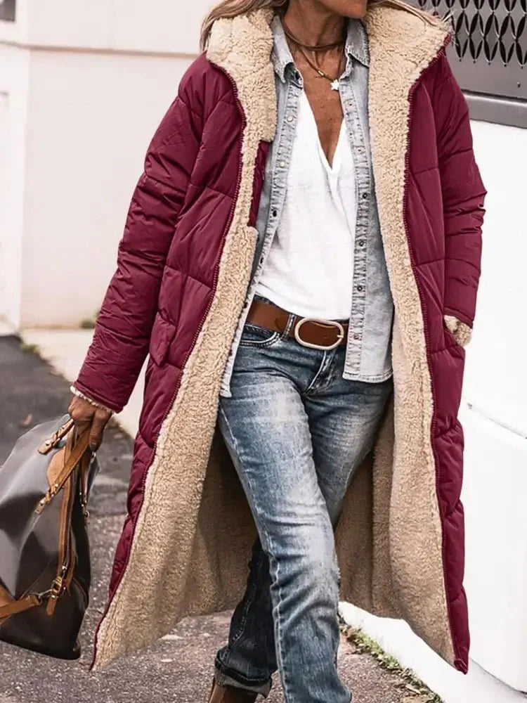 Lange Omkeerbare Fleece Mantel met Capuchon – Warm en Stijlvol voor de Winter