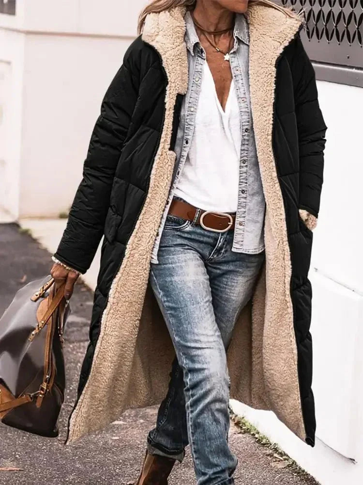 Lange Omkeerbare Fleece Mantel met Capuchon – Warm en Stijlvol voor de Winter